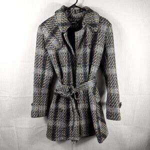 DKNY Size 4 Wool Blend Plaid Belted Trench Coat Women’s Gray Black Tan Winter